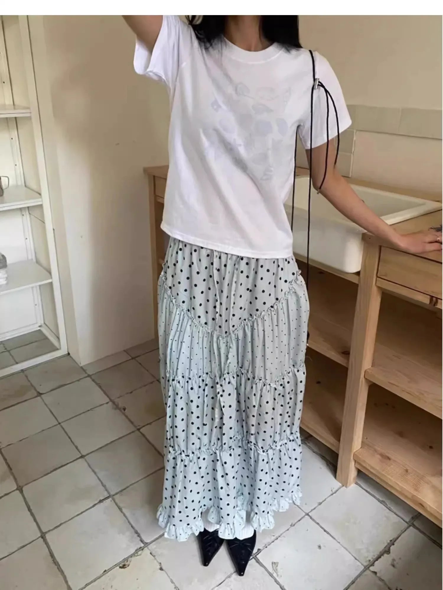 Cyflymder  Oxygen Girl Retro Polka Dot f-length Skirt with Pleated Lace Elastic Waist A-line Mid-length Commute Sle Summer 2025
