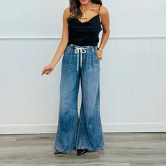 Cyflymder  Retro Elastic Waist Slightly Pulled Jeans Women's Y2k High Street Washed and Old Design Floor-mopping Trousers