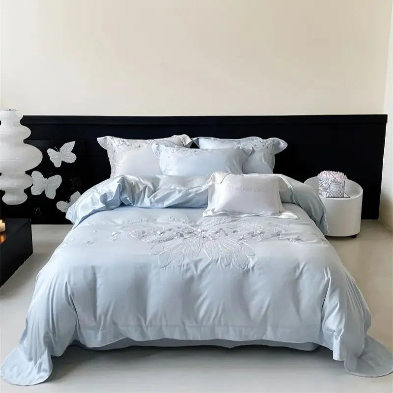 Cyflymder  Luxury Butterfly Embroidery Bedding Set 1000TC Lyocell Cotton Soft Silky Duvet Cover Set Flat/Fitted Bed Sheet Pillowcases 4Pcs