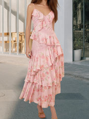 Cyflymder  Women s Boho Chic Maxi Dress with Off-Shoulder Ruffle Detail and Floral Print Sleeveless Spaghetti Strap V-Neck Backless