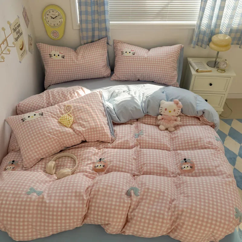 Cyflymder  new student cartoon washed cotton towel embroidered three or four-piece set bed sheet quilt cover mattress bedding