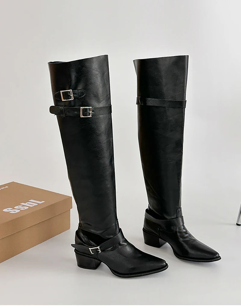 Cyflymder  Autumn Vintage Thick Heel Women Knight Boots Fashion Belt Buckle Shoes Ladies Elegant Pointed Toe Mordern Knee High Booties
