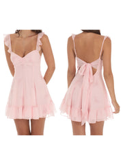 Cyflymder  Elegant Sleeveless V-Neck Floral Print Ruffles A-Line Dress with Back Tie-Up Detail and Open Back Design for Summer