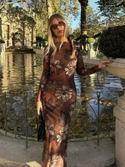Cyflymder  Flower Printed Mesh Party Dress Long Sleeve Brown Maxi Dresses for Women Backless Elegant Beach Casual New Vestidos