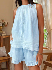 Cyflymder  Women s Casual Summer Outfit Sleeveless Ruffled Trim Top and Loose Fit Shorts Set for a Stylish Look