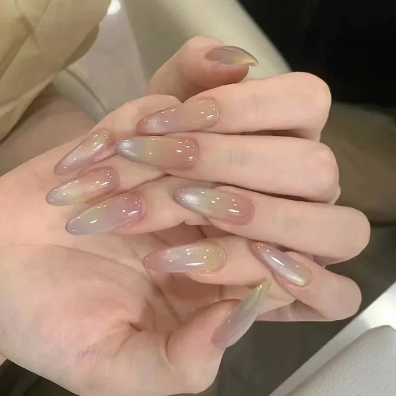 Cyflymder  30Pcs Wine Red Fake Nails With Gradient Print Design Long Stiletto False Nails Wearabe Almond Press on Nails Full Cover Tips