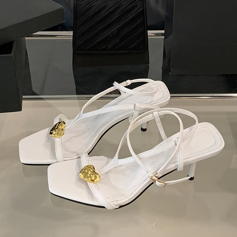 Cyflymder  Summer Fashion Metal Buckle Decoration Narrow Band Gladiator Sandals Women Square Toe Low Thin Heels Party Dress Shoes