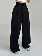 Cyflymder   Fashion Y2K Wide Leg Long Pant For Women Elegant Elastic High Waist Double Drawstring Baggy Pant Office Lady Loose Suit Trousers