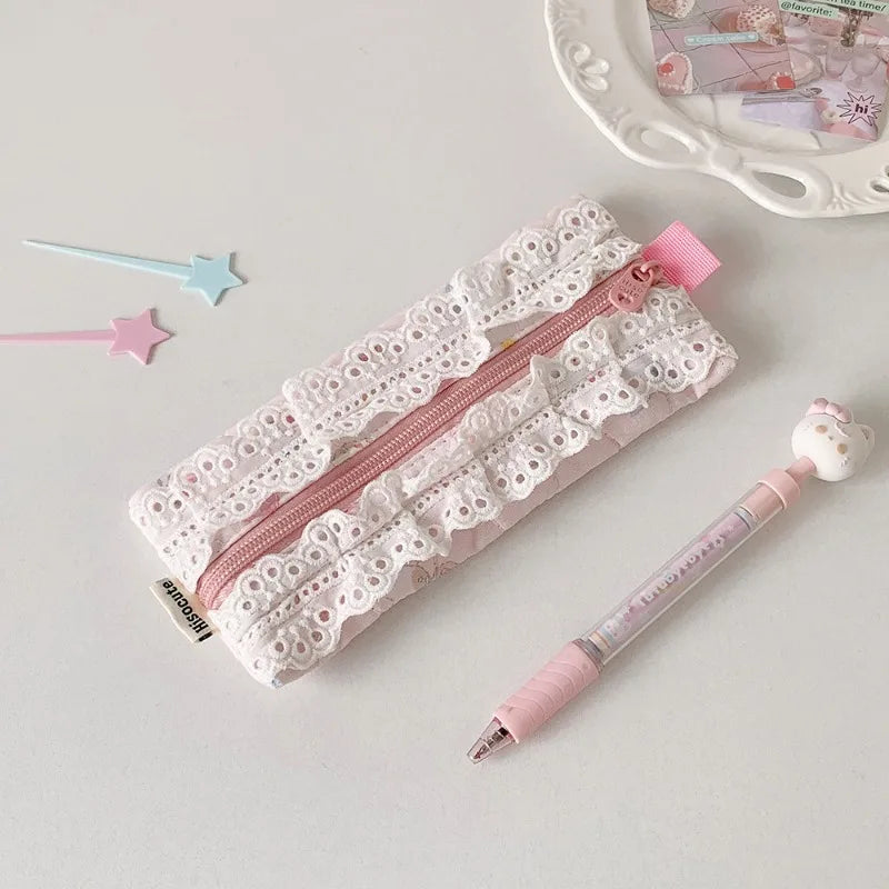 Cyflymder  Lace Pencil Case for Student Girl Ruffle Cute Korean Makeup Stationery Organizer Bag Portable Pouch Back To School Kawaii Gift