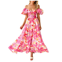 Cyflymder  Summer Bohemian Dresses Off Shoulder Sexy Short Sleeve Large Swing Long Dress Women Floral Printed Low Cut Backless Beach Dress