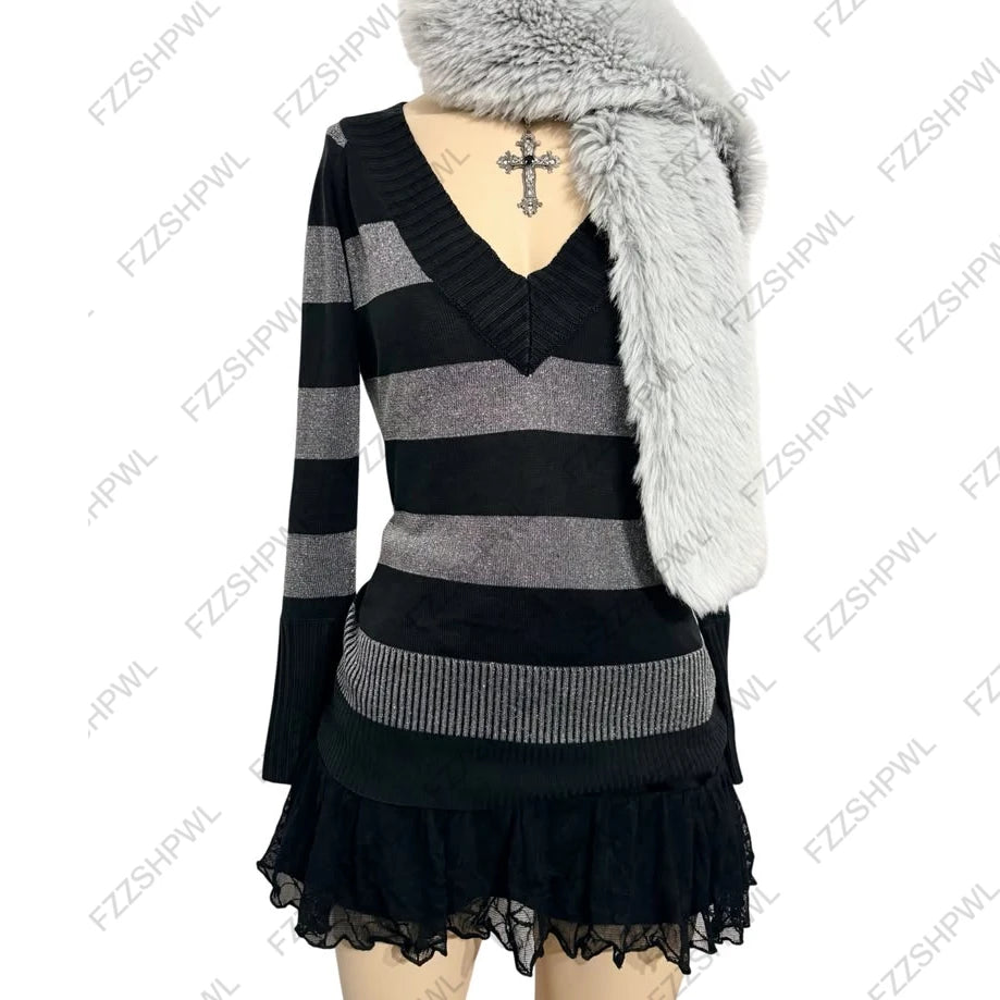 Cyflymder  Y2K Gothic Women Glitter Striped Knit Sweater V‑Neck Long Sleeve Slim Grunge Punk Casual Autumn Streetwear Pullover