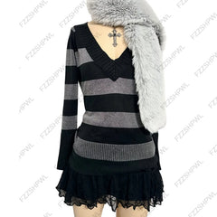 Cyflymder  Y2K Gothic Women Glitter Striped Knit Sweater V‑Neck Long Sleeve Slim Grunge Punk Casual Autumn Streetwear Pullover