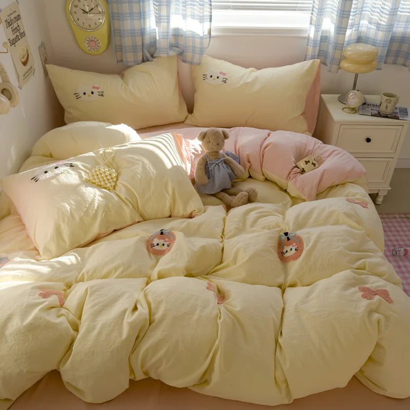Cyflymder  new student cartoon washed cotton towel embroidered three or four-piece set bed sheet quilt cover mattress bedding