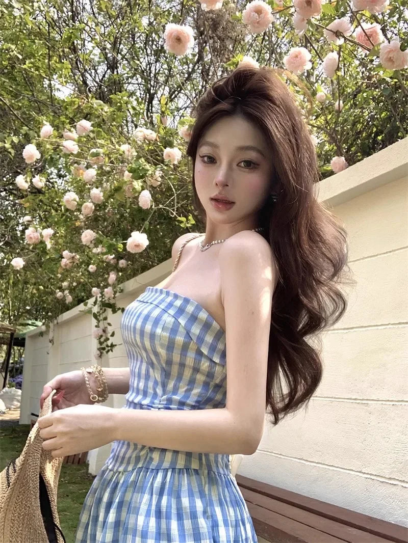 Cyflymder  Korean Style Blue Plaid Lace Halter Dress Women Summer 2025 Sweet Beach Vacation Maxi Skirt Long Dress One Shoulder Sleeveless