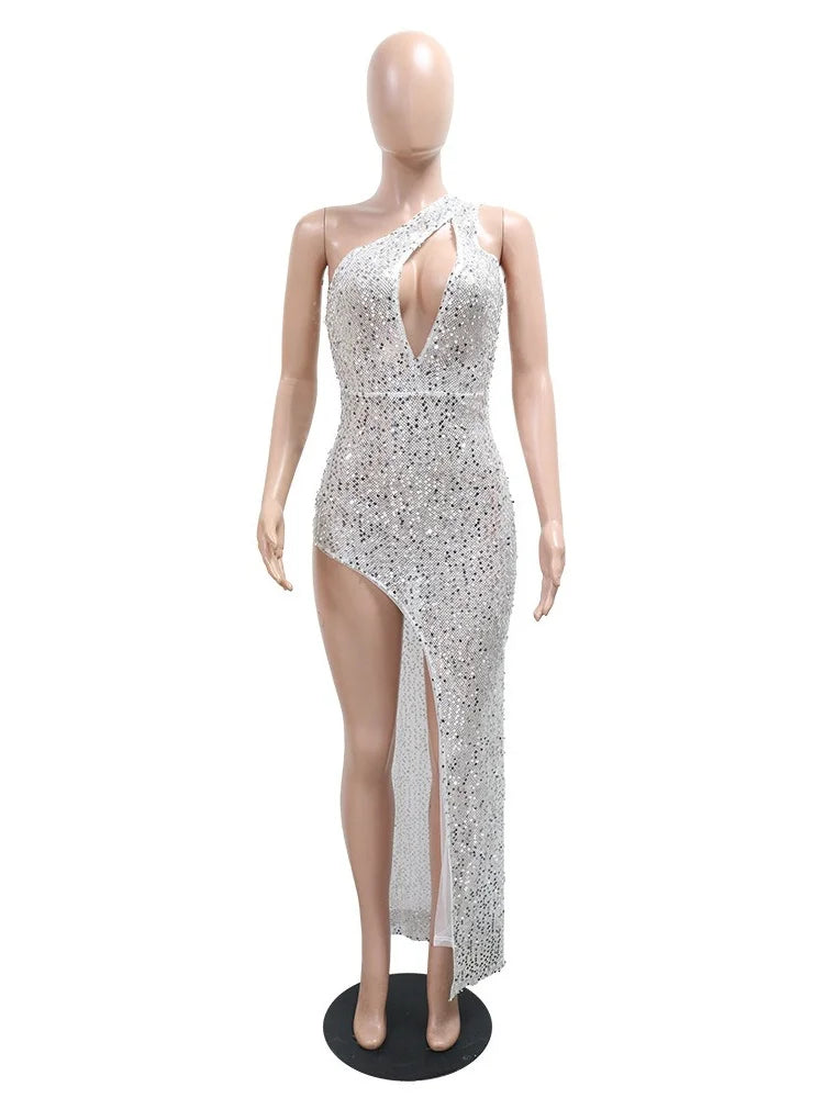 Cyflymder  Dresses for Women Clothing Wholesale Single Sleeve Long Dress with Sequins Deep V Neckline and Body Hugging