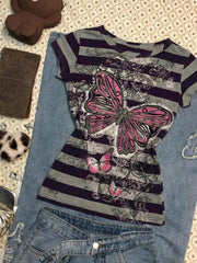 Cyflymder  Aesthetic T-shirt Slim Goth Punk Harajuku Stripe Crop Top Vintage Woman Clothes O-Neck Hot Girl Y2k 90s Summer Fashion Print Tee
