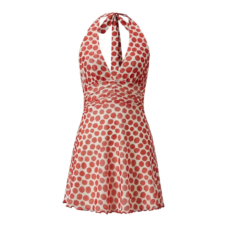 Cyflymder  Vintage Polka Dot Dress for Women Mesh Halter Mini Dress Sexy V Neck Sleeveless Backless Tie Up Ruched Short Dresses