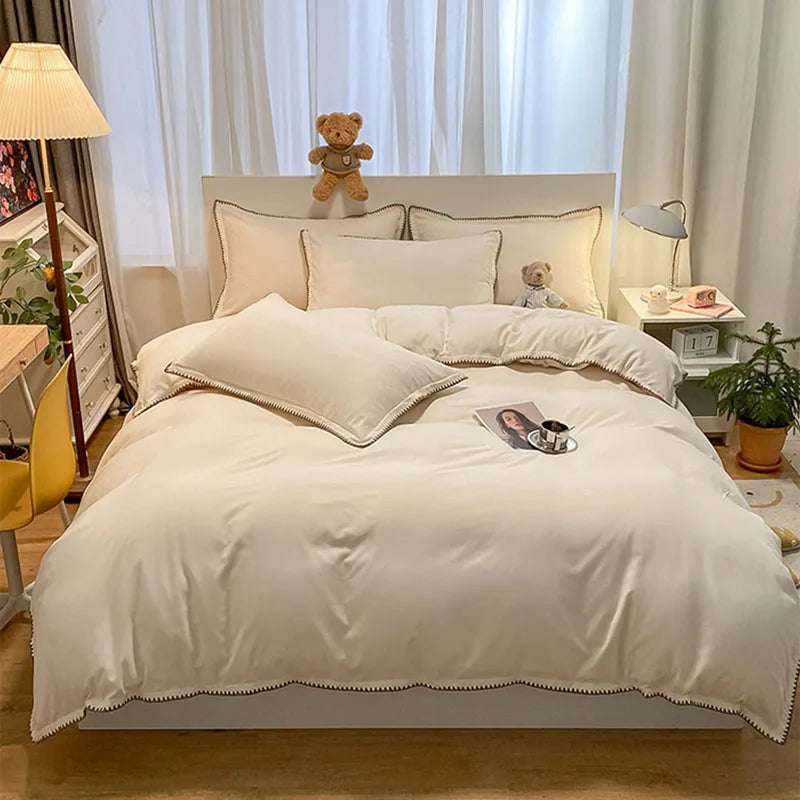 Cyflymder  Solid Color Bedding Set with Shell Edges Skin Friendly Simple Soft Duvet Cover Kit Cozy Fitted Sheet Set for Autumn Winter