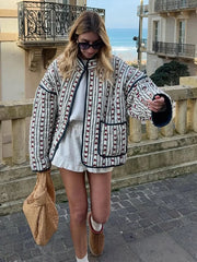 Cyflymder   Print Women's Cotton Padded Coat Stand Collar Full Sleeve Pockets Female Loose Coats Autumn Winter Chic Fashion Lady Jacket