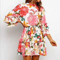 Cyflymder  Women's Elegant Bohemian Short Dress Spring Summer Floral Print Lace Up Mini Dress Casual Ruffle O Neck Pullover Dress Vestidos