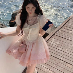 Cyflymder DRESS TO IMPRESS Pink Gradient Color Kawaii Lolita Dress Girl France Sweet Bow Casual Slim Party Mini Dresses Puff Short Sleeve Dress Summer