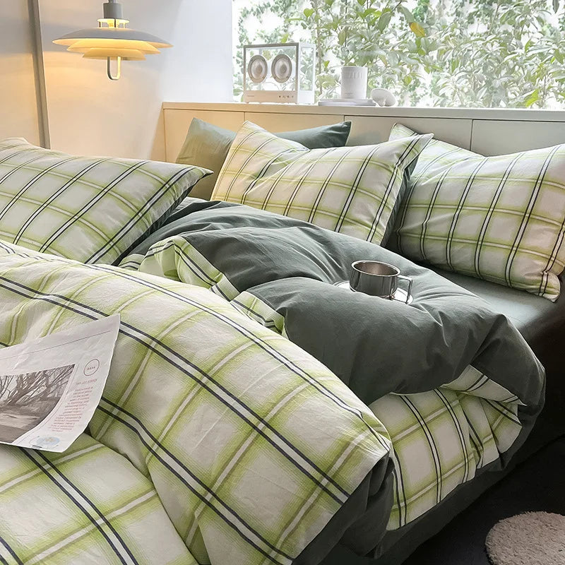 Cyflymder Japanese Style Plaid Pure Cotton Bedding Set Soft Washed Cotton Cozy Bedclothes Queen Single Fitted Sheet Quilt Cover Pillowcase