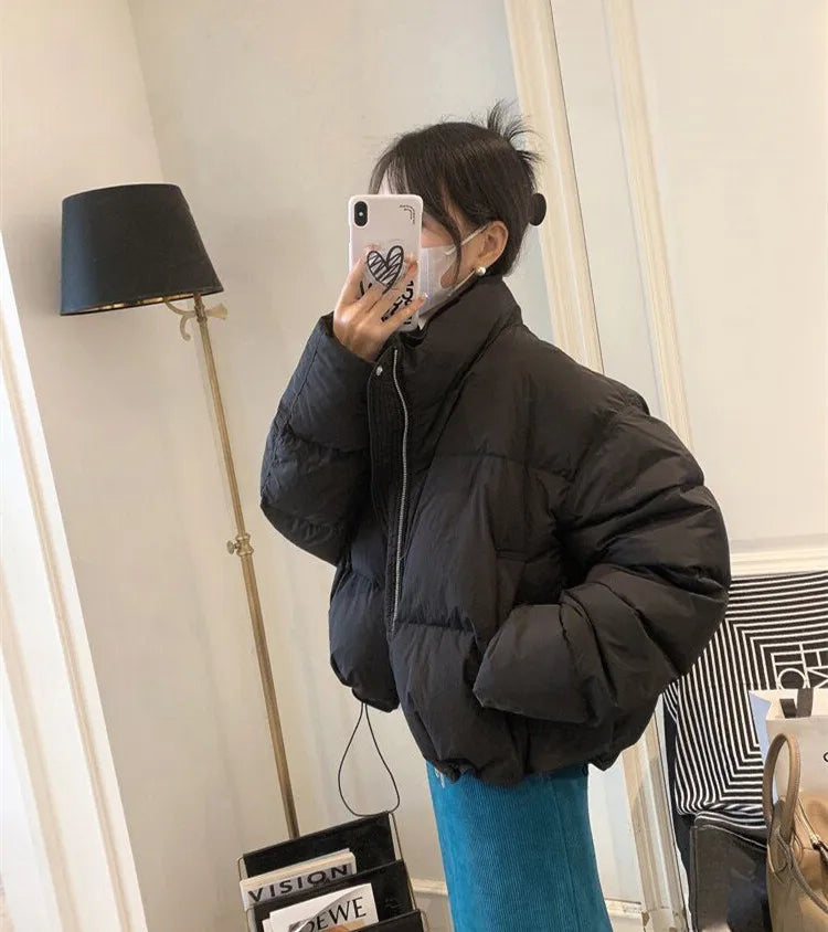 Cyflymder Fashion Zipper Cropped Jacket Women Winter Warm Casual Loose Puff Cotton Coats Streetwear Korean Drawstring Padded Outerwears