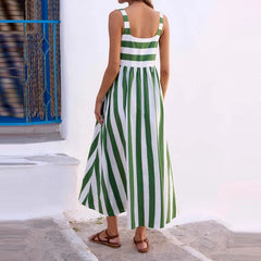 Cyflymder  Summer Hollow Out Pleated Vacation Maxi Dress Leisure High Waist Sleeveless Party Dress Fashion Stripe Print Halter Beach Dress