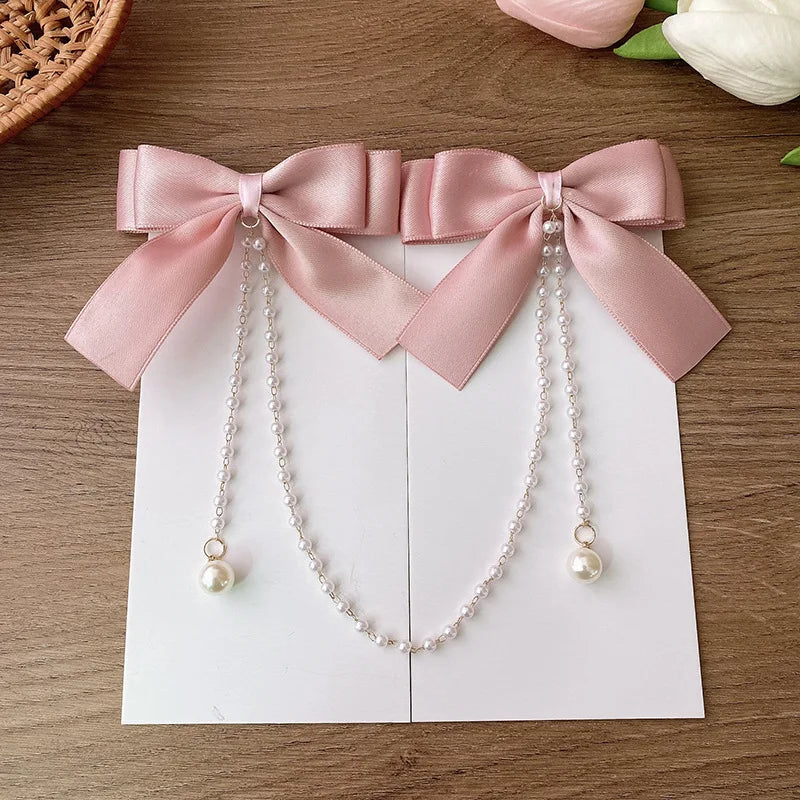 Cyflymder Sweet Princess Style Pink Pearls Chain Bow Hair Clip Women Children's Cute Back Head Hairpins Hair Clips Girls Hair Accessories