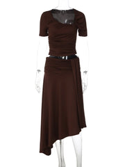 Cyflymder   Knit Cropped Top Maxi Skirt Two Piece Set Short Sleeve V Neck Ruched Drawstring Stretchy Daily Solid Color Brown Set
