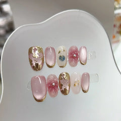 Cyflymder   10PCS Glossy 3D Carved Flowers Handmade Short Oval False Nail Pink Cat Eye with Golden Pattern Wearable Press on Nails Art Tools