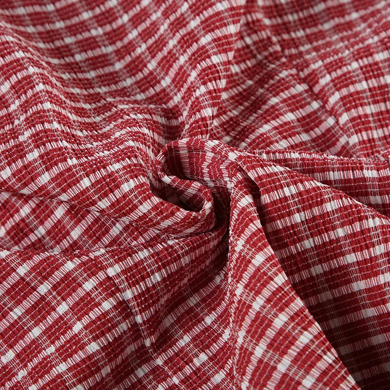Cyflymder  American Retro Red Plaid ort Sve irt Casual Slim Fit Waist Cinching Button up Top for Young Women