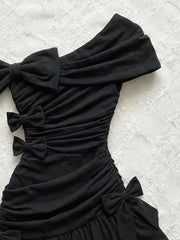 Cyflymder   Y2K Sexy Black Off Shoulder Sweet Mini Dress Women Bow Ruched Bodycon Cute Ruffle Party Dresses New Streetwear Vintage Clothing