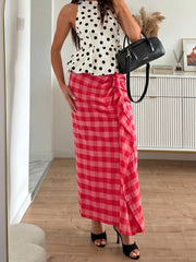 Cyflymder   Elegant Summer Red Plaid Midi Skirt For Women Chic High Waist Stacked Ruffle Decoration Midi Skirt Female Party Wear