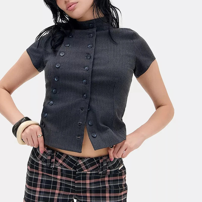 Cyflymder  Women's Y2k Turn-Down Collar Shirt Stylishly Fitted and Sexy, with Buttons, Short-Sleeved T-Shirt, Summer Solid-Color Casual Top