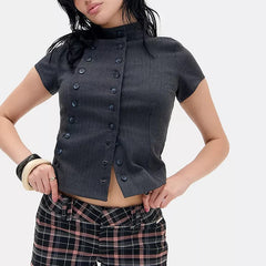 Cyflymder  Women's Y2k Turn-Down Collar Shirt Stylishly Fitted and Sexy, with Buttons, Short-Sleeved T-Shirt, Summer Solid-Color Casual Top
