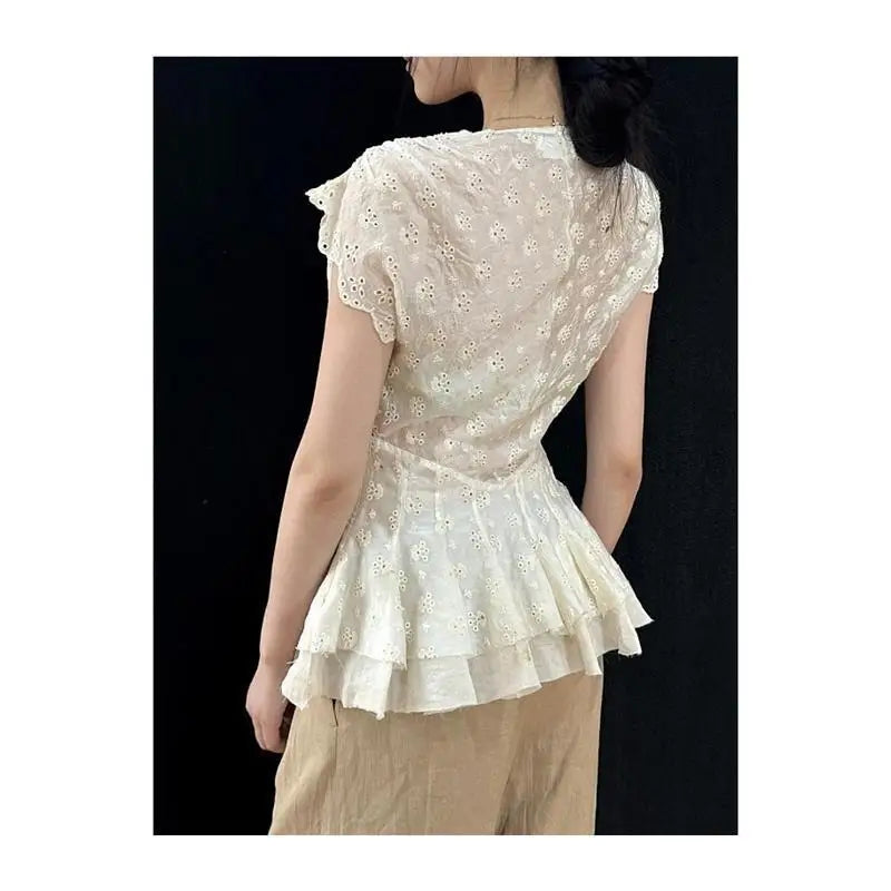 Cyflymder  French White Lace Hollow Out Shirt for Women's Summer V-neck Short-sleeved Slim Fit Shirt Fashion Female Clothes