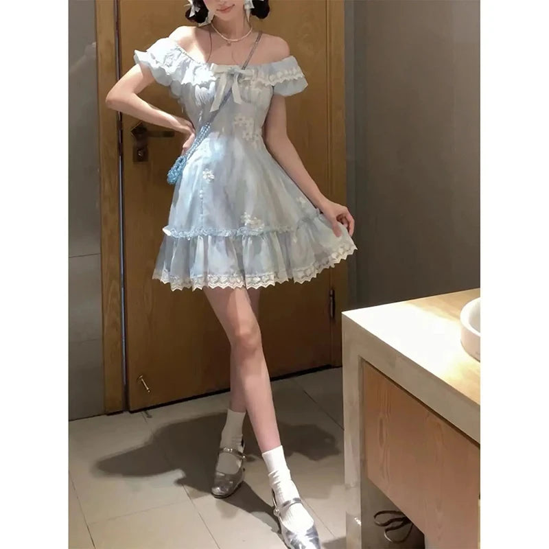 Cyflymder  Kawaii Bow Mini Dress Women Japanese Lolita Lace Slash Neck Dresses Summer Korean Party Cute Puff Short Sleeve Bodycon Vestidos