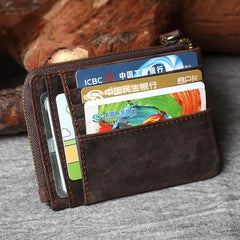 Cyflymder Handmade Vintage Crazy Horse Leather Mens Designer Wallet Slim Zipper Coin Bag ID VIP Credit Card Holder Small Simple Pouches