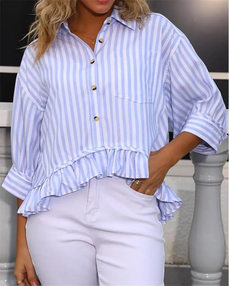 Cyflymder  Casual Stripe irt Women's Summer Top Button down ort Sve Gathered Hem Bubble Sve Polyester Fiber Commute Sleeve