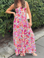 Cyflymder  Elegant Off-Shoulder Maxi Dress with Boho Floral Print and Lace-Up Back Detail for Summer Wedding Party or Vacation Beachwear