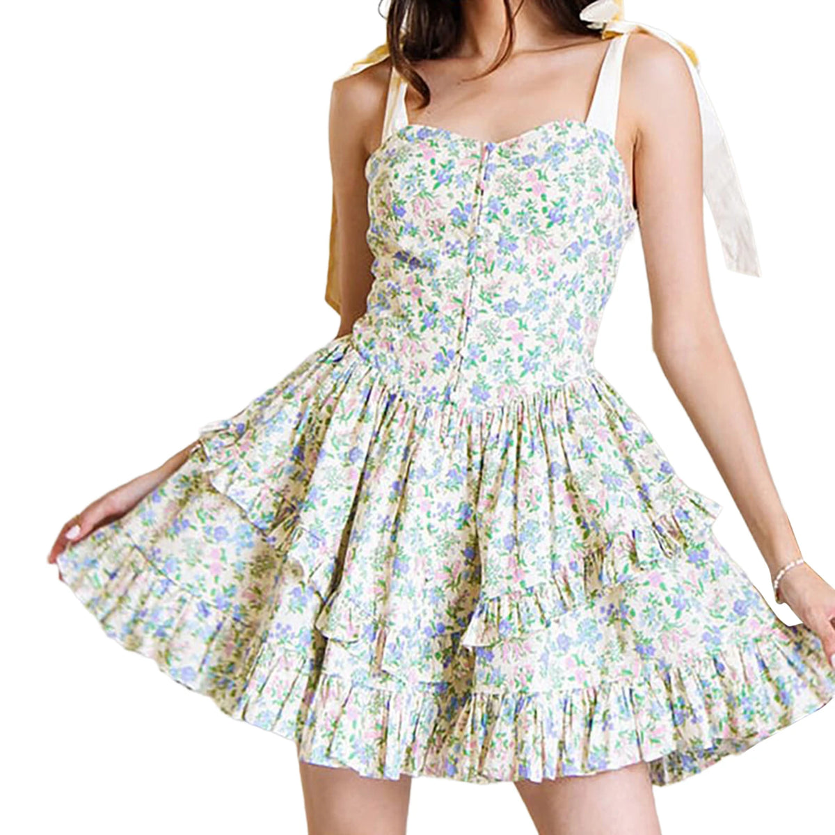 Cyflymder  Elegant Sleeveless Floral Print Mini Dress with Bow Tie Shoulder Detail and Flirty Ruffle Hem - A Line Swing Dress for Women