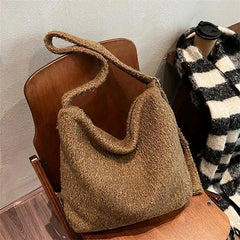 Cyflymder   Women Woolen Tote Bag Plush Hobo Bags Large Capacity Soft Texture Handbags Commuter Zipper Shoulder Bag Adjust Shoulder Strap