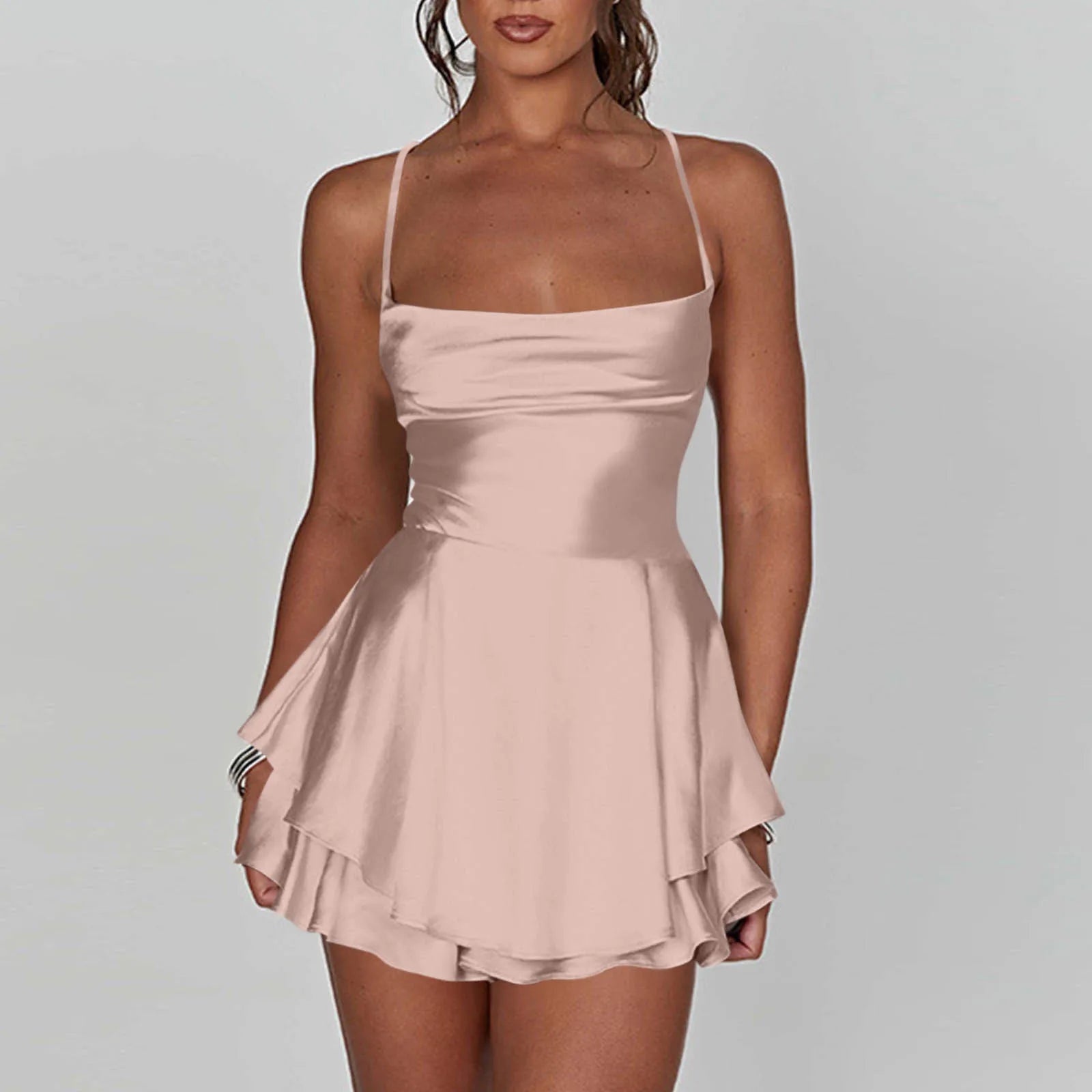 Cyflymder  Ladies' Silk And Satin Elegant Sexy Slim Beautiful Backless Short Dress Cowl Neck Cross Spaghetti Strap Party Pleated Mini Skirt