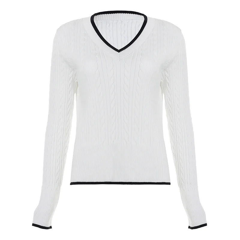 Cyflymder  Fashion Vintage Preppy V Neck Long Sleeve Pullovers Y2k Knitted Slim Waist All Match High Street Women Sweaters Harajuku Jumpers