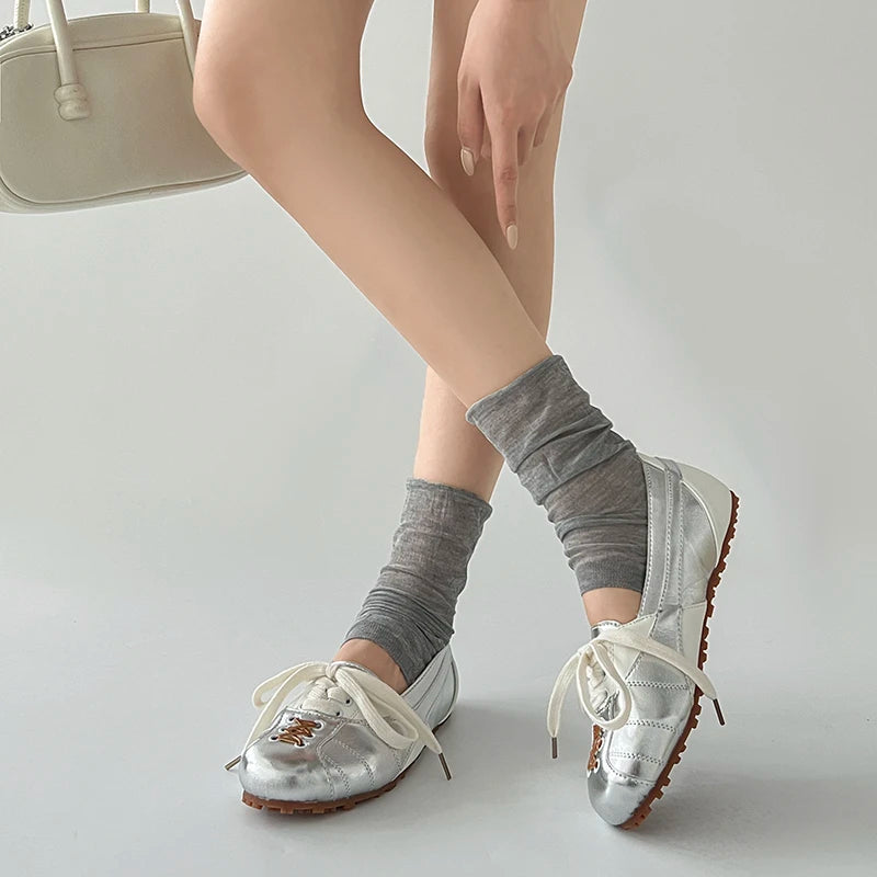 Cyflymder  Korean Style Women's Ballet Slippers 2025 Autumn New Design Sensibility Flat Bottom Tied Shoes Adult Color Block Style