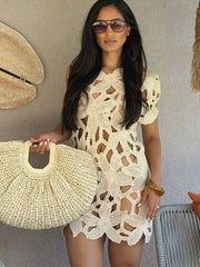 Cyflymder   Sexy Women's Knitted Dress Short Sleeve Hollow Out Mini Dresses Female Summer Vacation Beach Fashion Holiday Lady Outfits