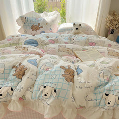 Cyflymder Korean Cartoon Printed Bedding Set Super Soft Fitted Sheet Pillowcase Quilt Cover with Lace Adult Student Dorm Textile Supplies