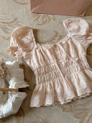 Cyflymder  Sweet Hot Girl Square Collar Bubble Sleeve Shirt for Women's Summer Slim Fit Lace-up Hollow Short Shirt Fashion Female Clothes