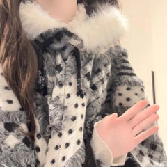 Cyflymder  Vintage Elegant Lolita Style Plush Hooded Cloak Women Sweet Black White Plaid Tassel Shawl Japanese Thicken Warm Ponchos Coats